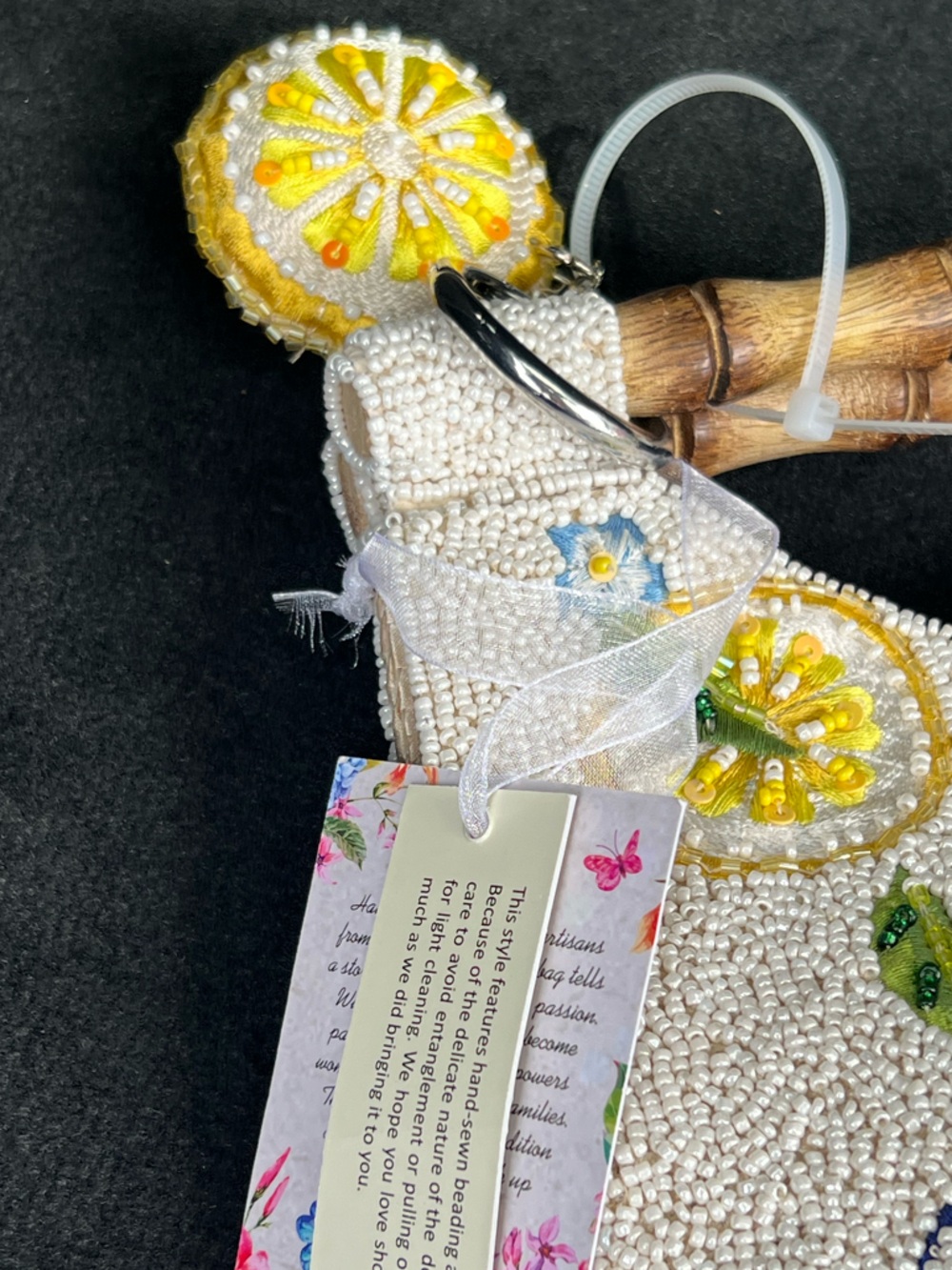 Viral Beaded Lemon Embroidered Clutch with Bamboo Handle Yellow & Cream Italian - Picture 5 of 7